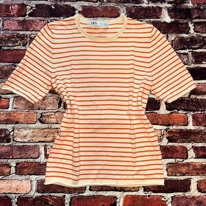 Zara Cream and Orange Striped Short Sleeve Top